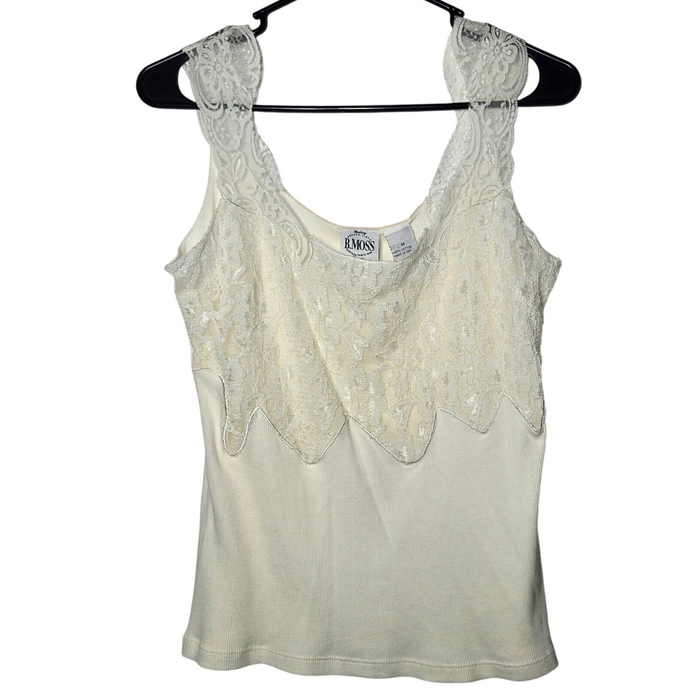 B Moss Cream Ribbed Lace Tank Top‎ Camisole Medium Coquette Fairy Romantic Soft